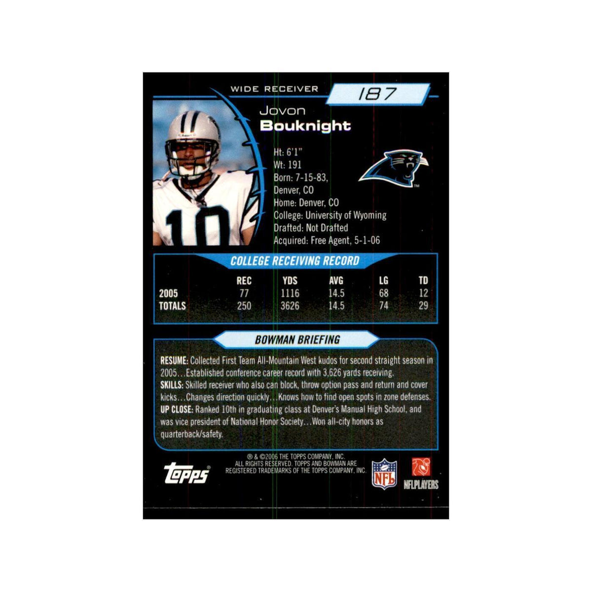 2006 Bowman Jovon Bouknight Football Cards #187