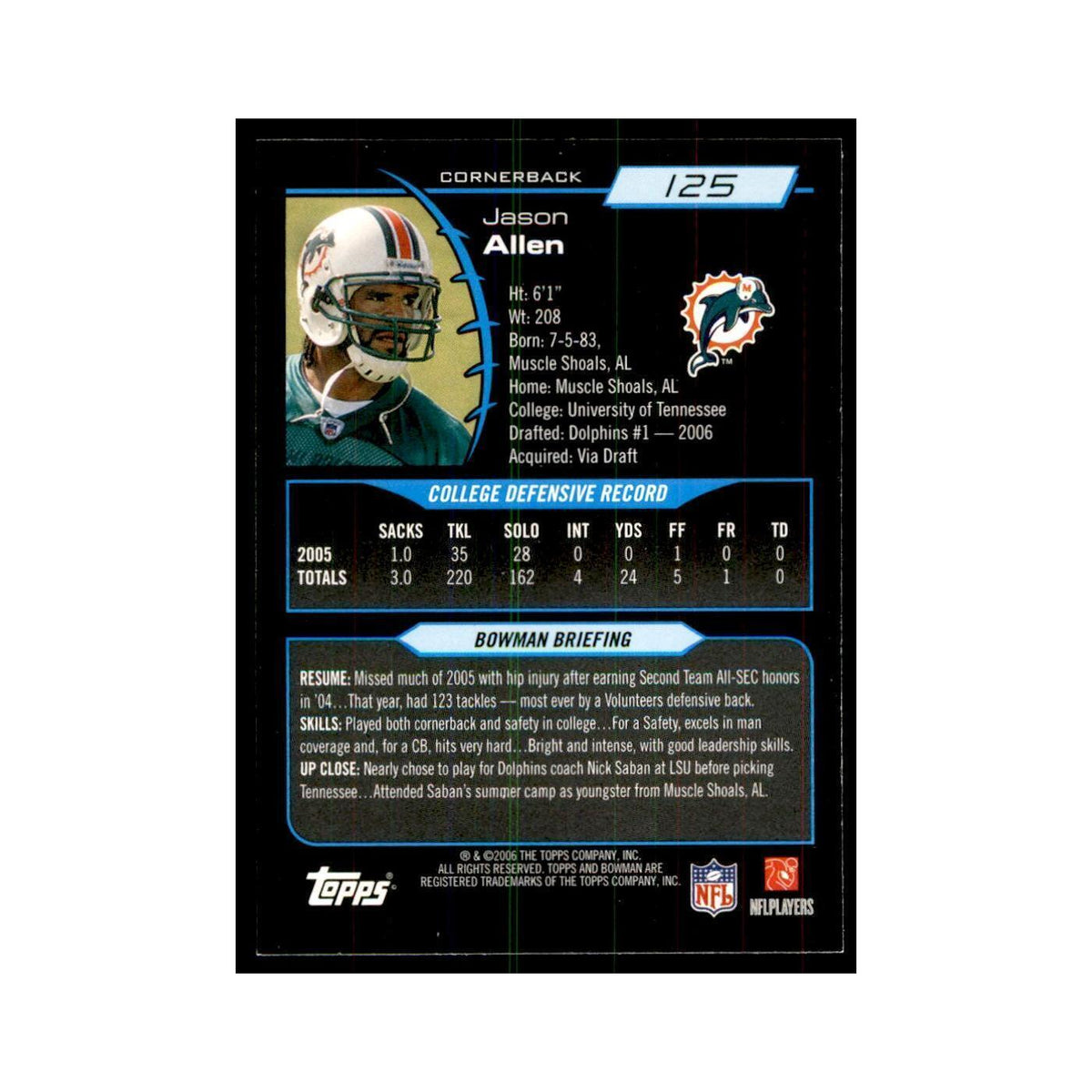2006 Bowman Jason Allen Football Cards #125