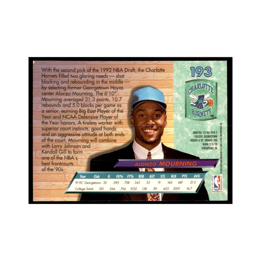 1992 Fleer Ultra Alonzo Mourning Basketball Cards #193