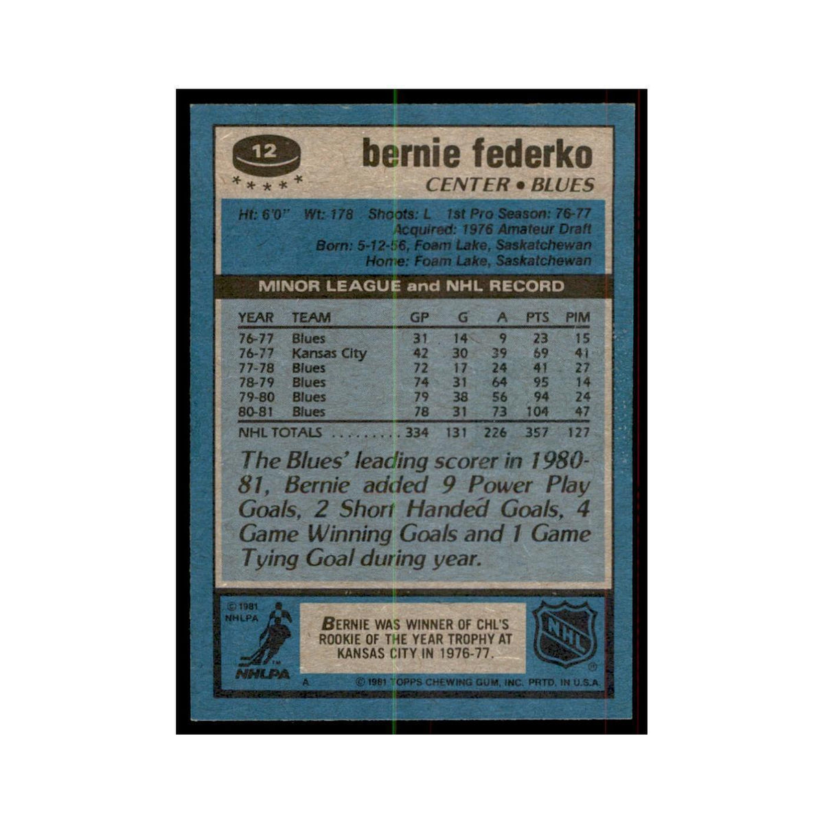 1981 Topps Bernie Federko Hockey Cards #12