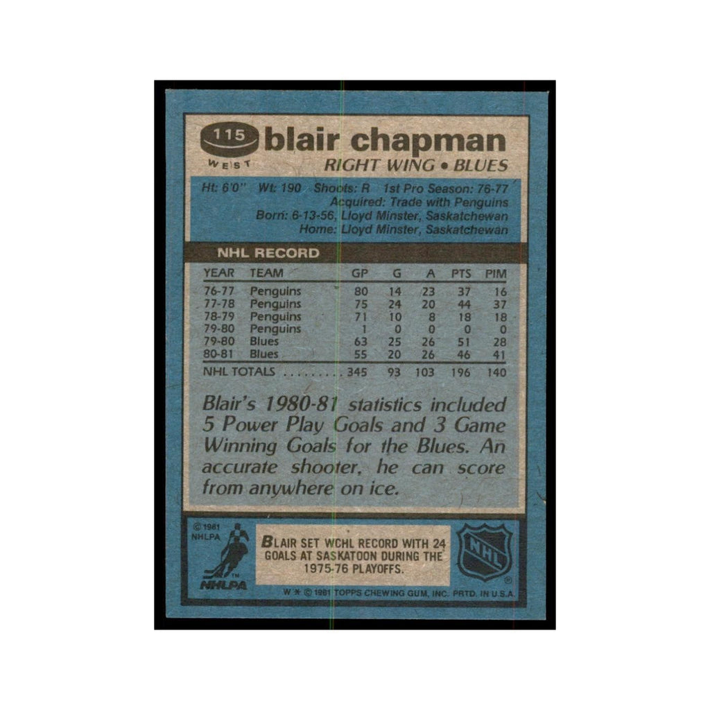 1981 Topps Blair Chapman Hockey Cards #W115