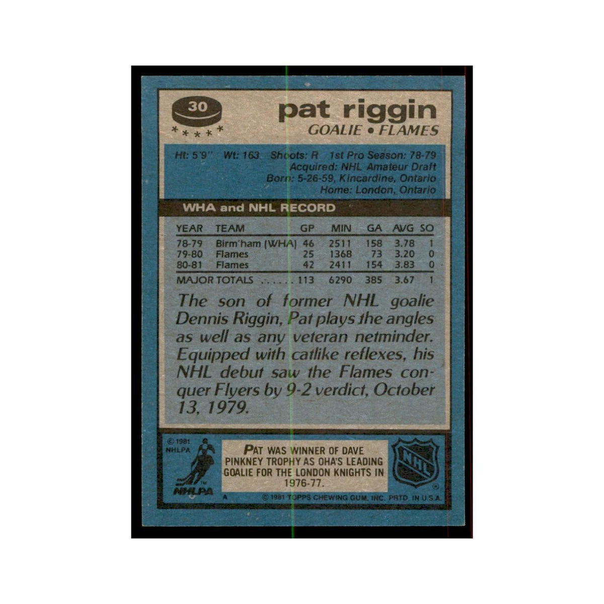 1981 Topps Pat Riggin Hockey Cards #30