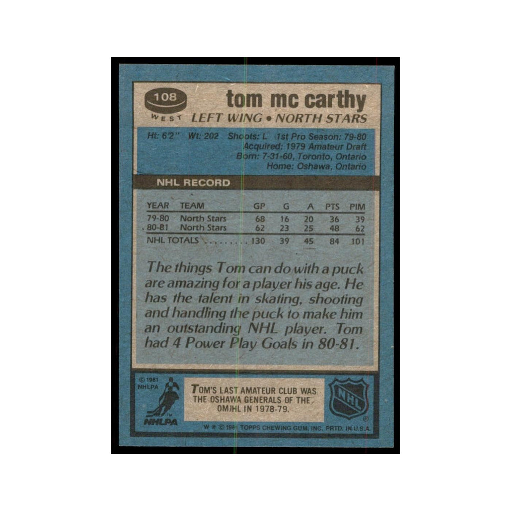 1981 Topps Tom McCarthy Hockey Cards #W108