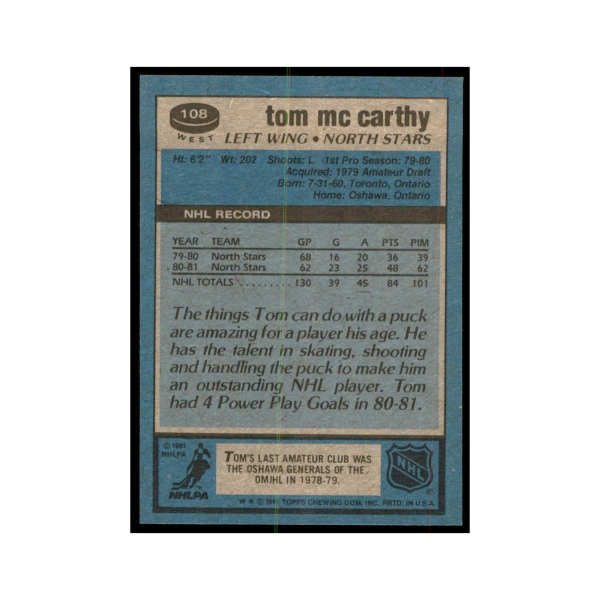 1981 Topps Tom McCarthy Hockey Cards #W108