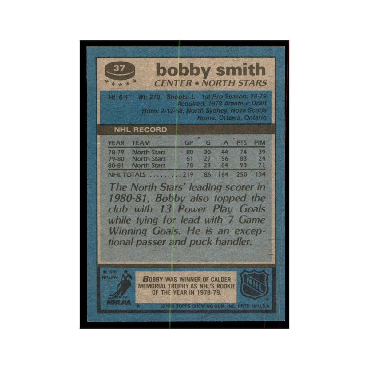 1981 Topps Bobby Smith Hockey Cards #37
