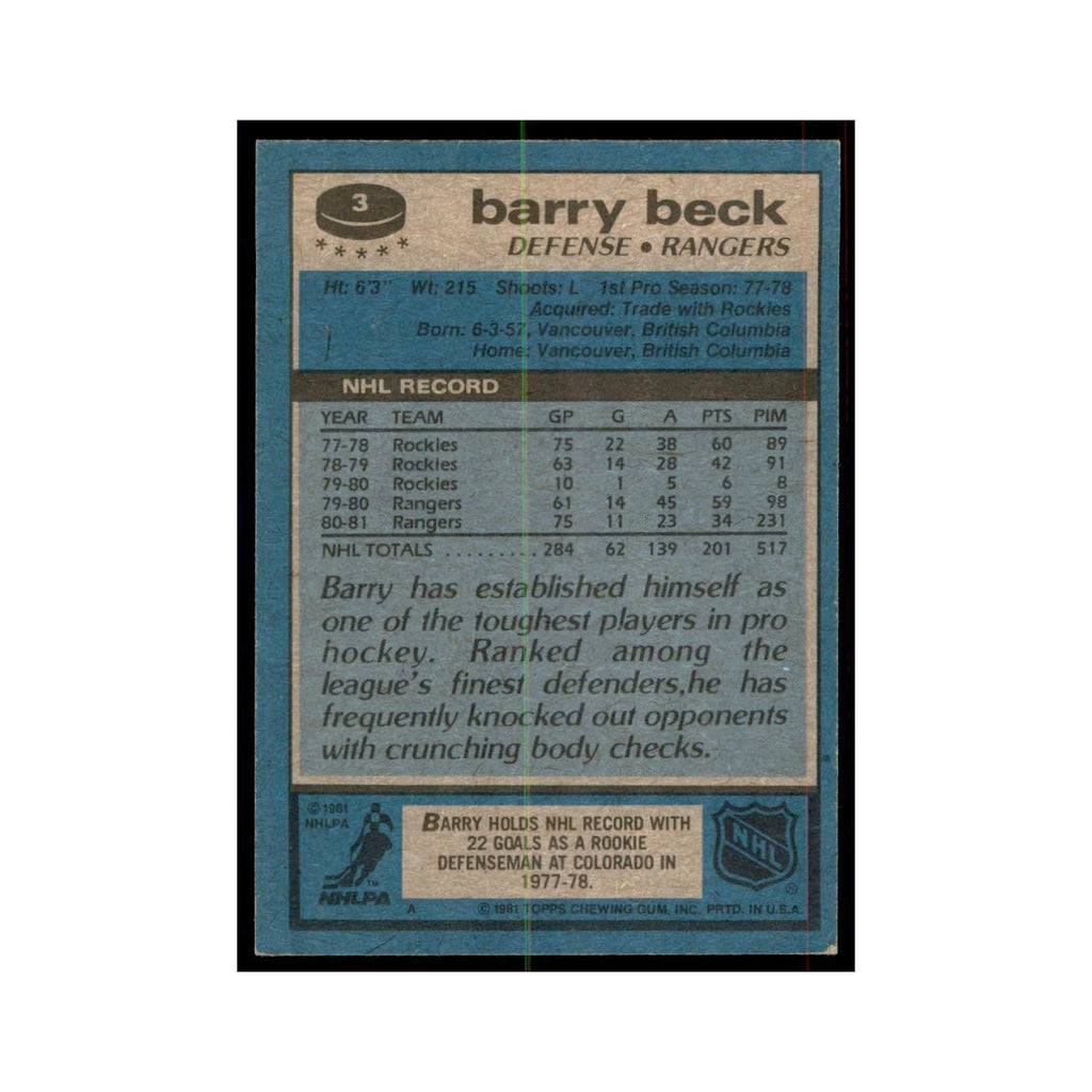 1981 Topps Barry Beck Hockey Cards #3