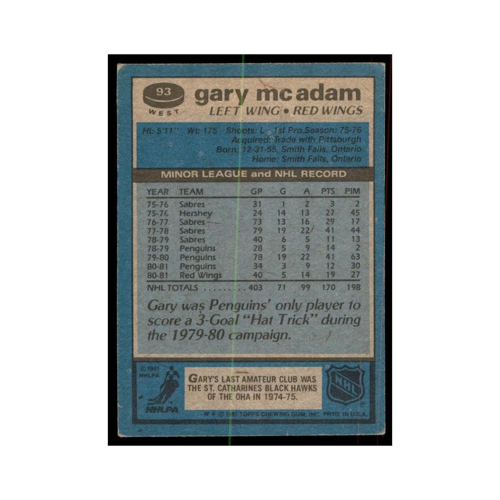 1981 Topps Gary McAdam Hockey Cards #W93