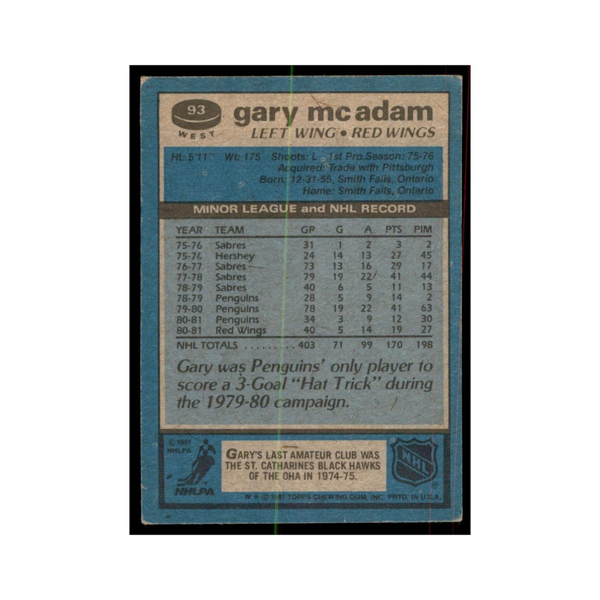1981 Topps Gary McAdam Hockey Cards #W93
