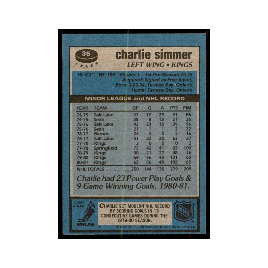 1981 Topps Charlie Simmer Hockey Cards #35