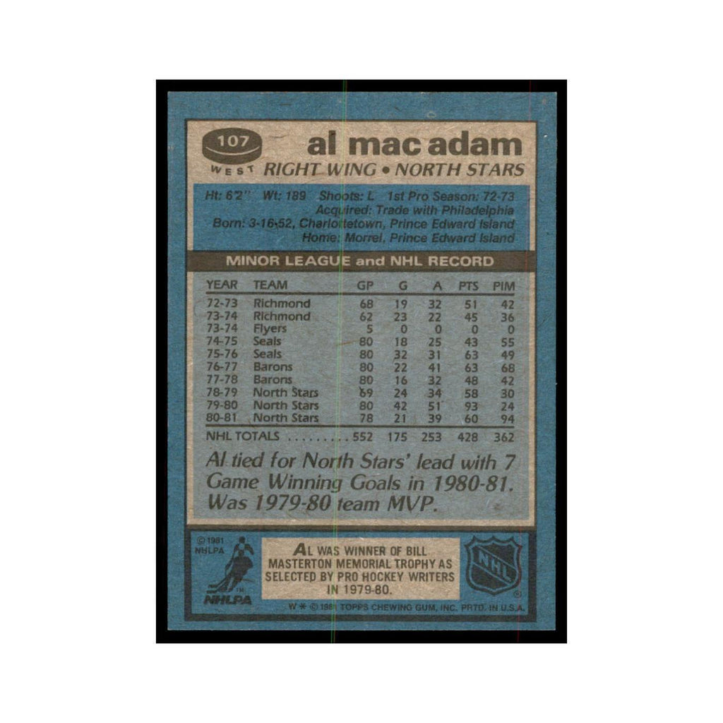 1981 Topps Al MacAdam Hockey Cards #W107