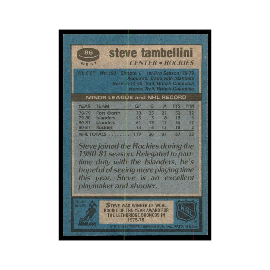 1981 Topps Steve Tambellini Hockey Cards #W86