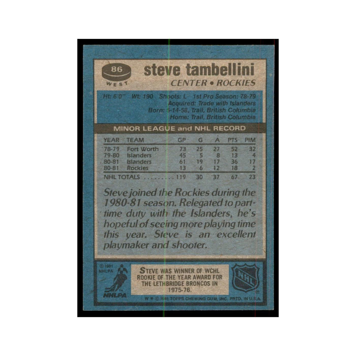 1981 Topps Steve Tambellini Hockey Cards #W86
