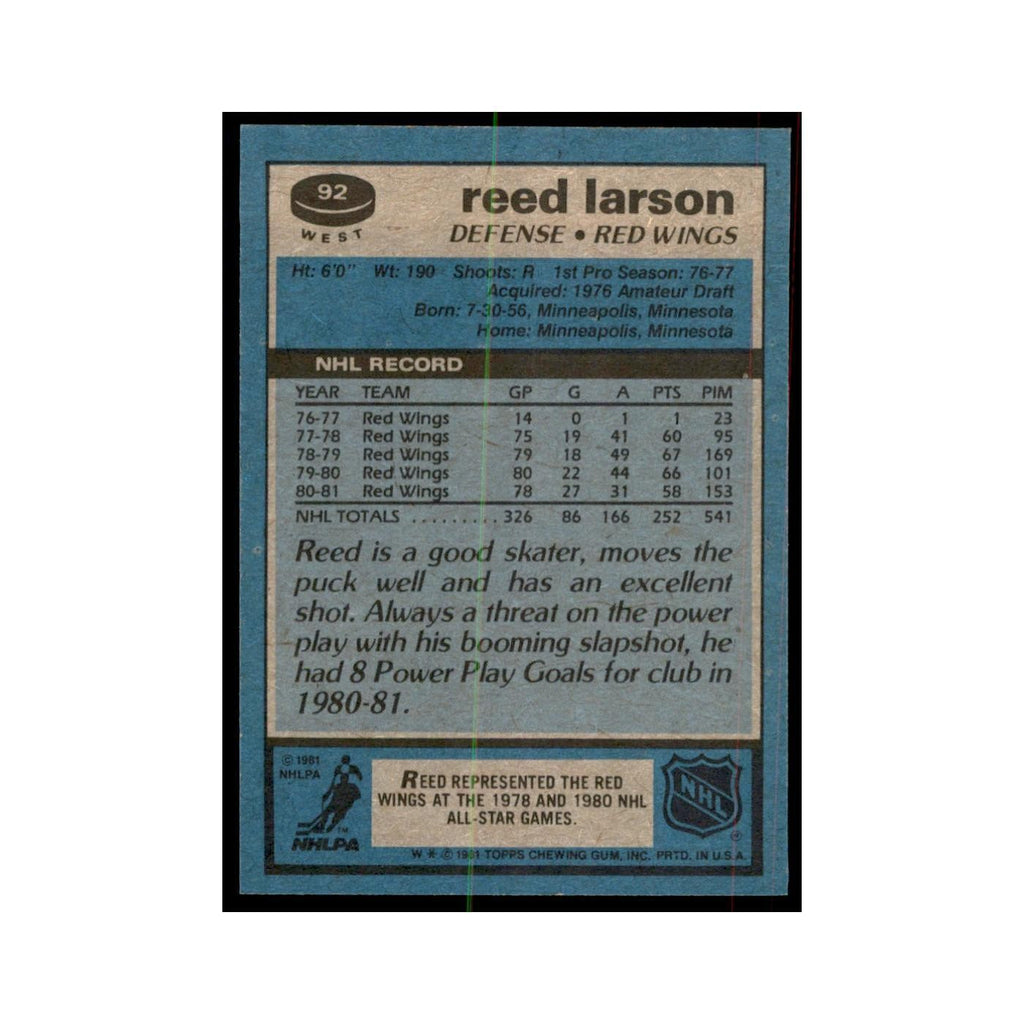 1981 Topps Reed Larson Hockey Cards #W92