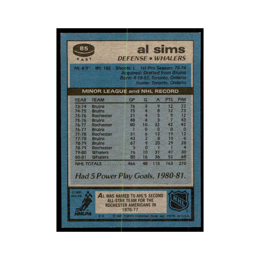 1981 Topps Al Sims Hockey Cards #E85
