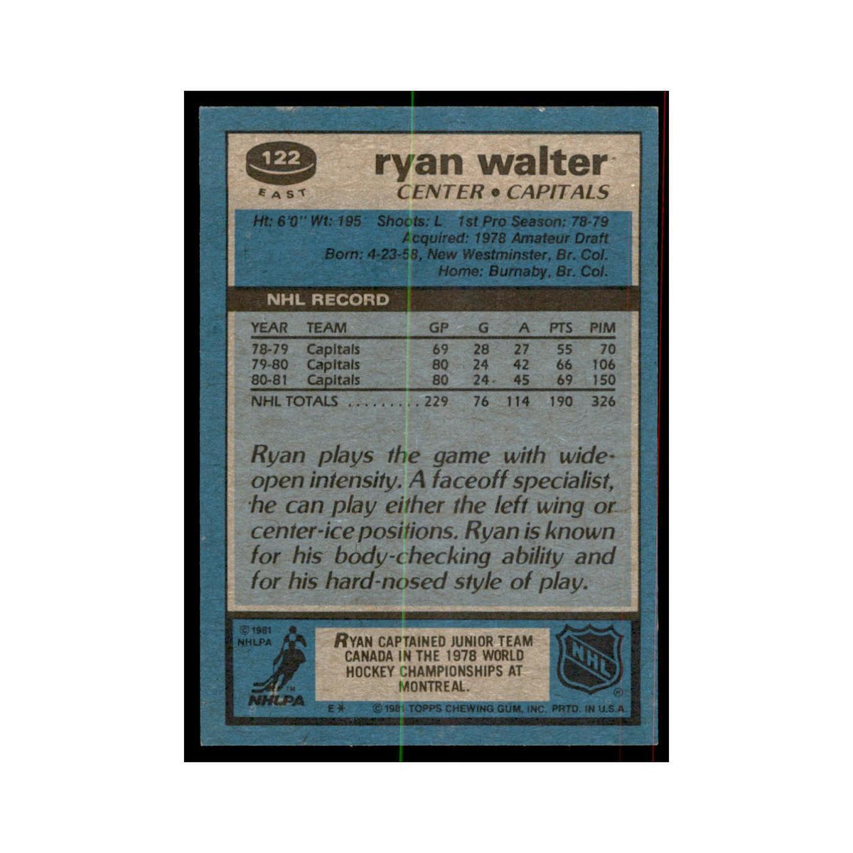 1981 Topps Ryan Walter Hockey Cards #E122