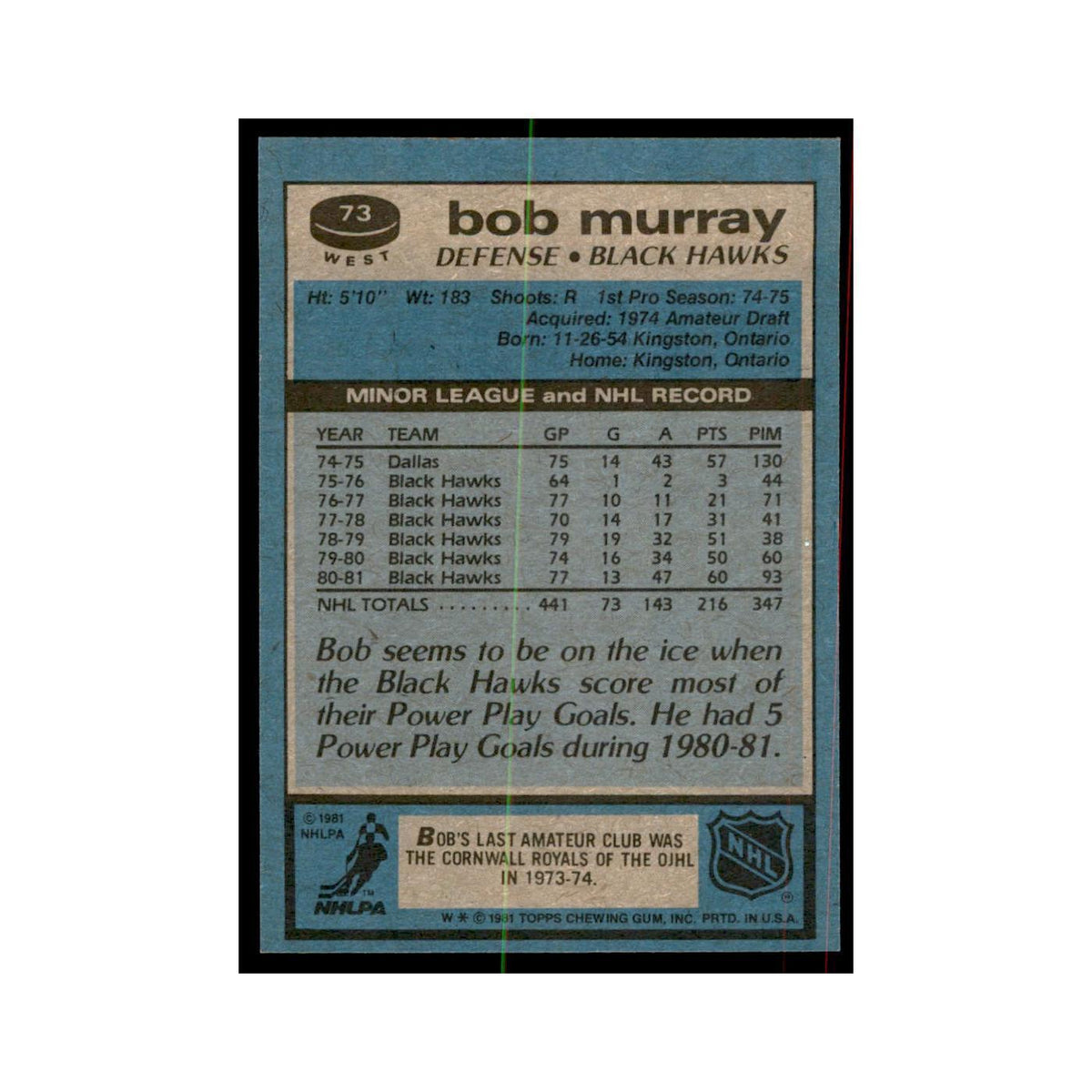1981 Topps Bob Murray Hockey Cards #W73