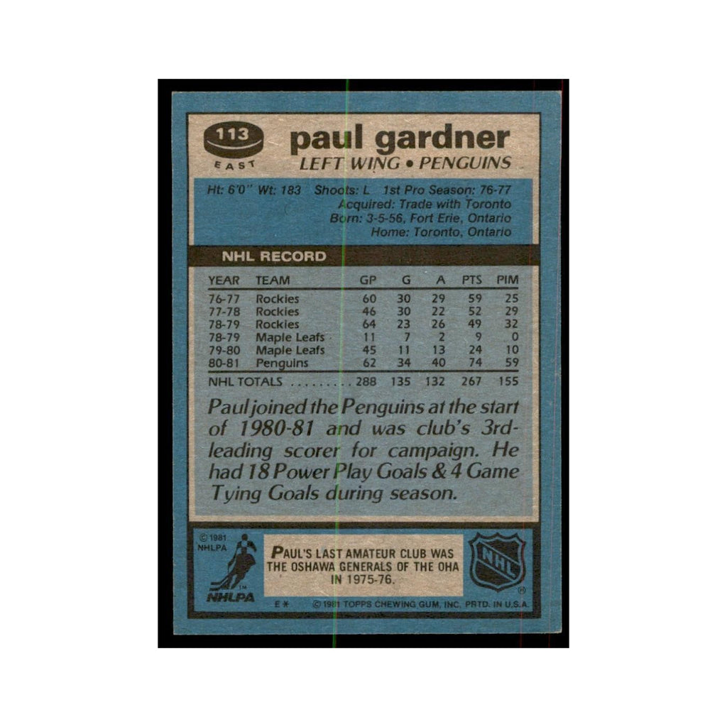1981 Topps Paul Gardner Hockey Cards #E113
