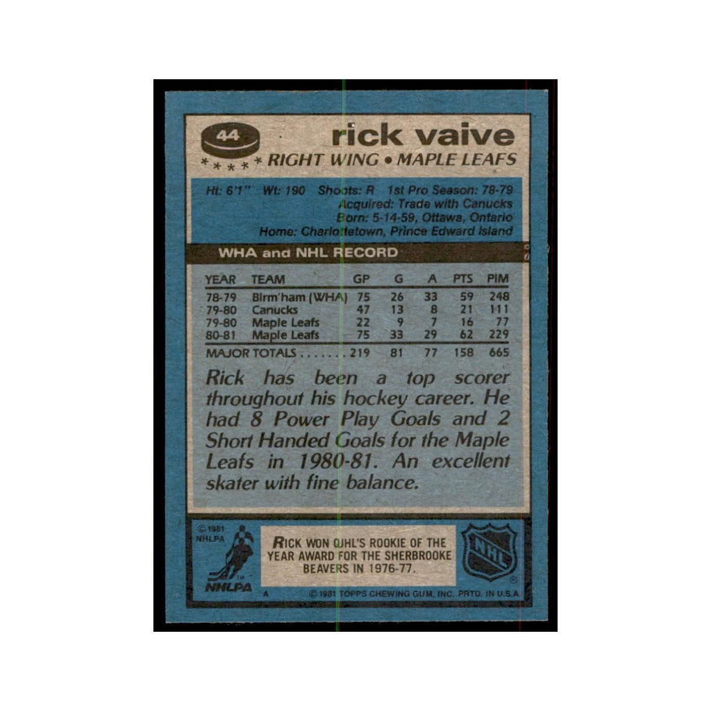 1981 Topps Rick Vaive Hockey Cards #44
