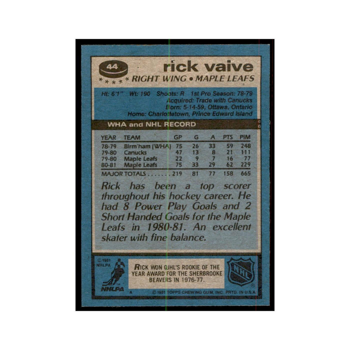 1981 Topps Rick Vaive Hockey Cards #44