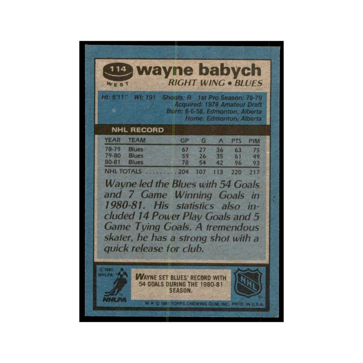 1981 Topps Wayne Babych Hockey Cards #W114