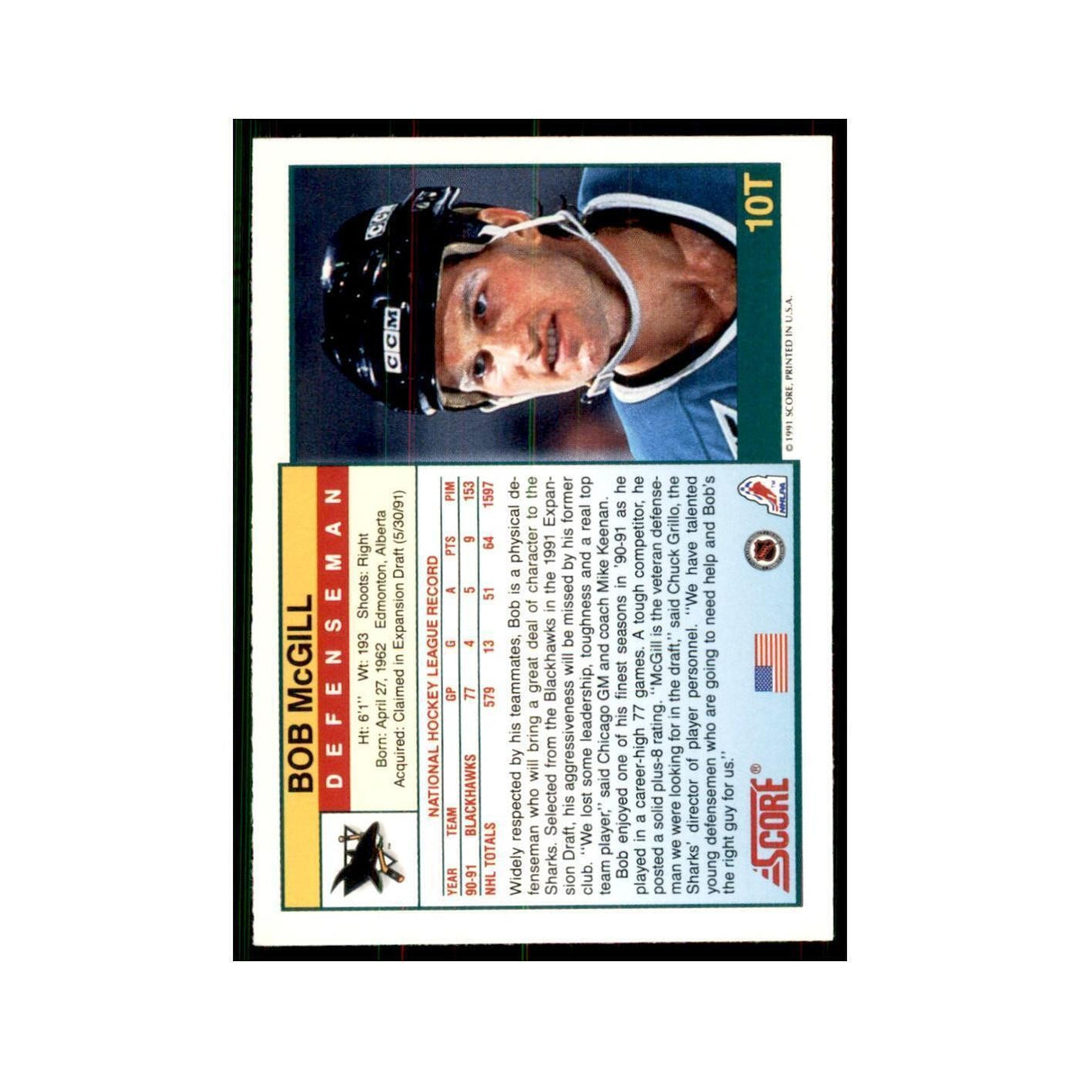 1991 Score Rookie and Traded Bob McGill San Jose Sharks #10T