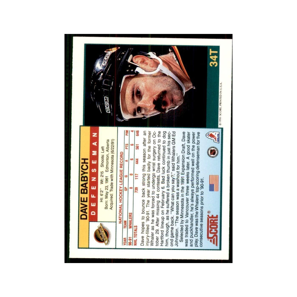1991 Score Rookie and Traded Dave Babych Vancouver Canucks #34T