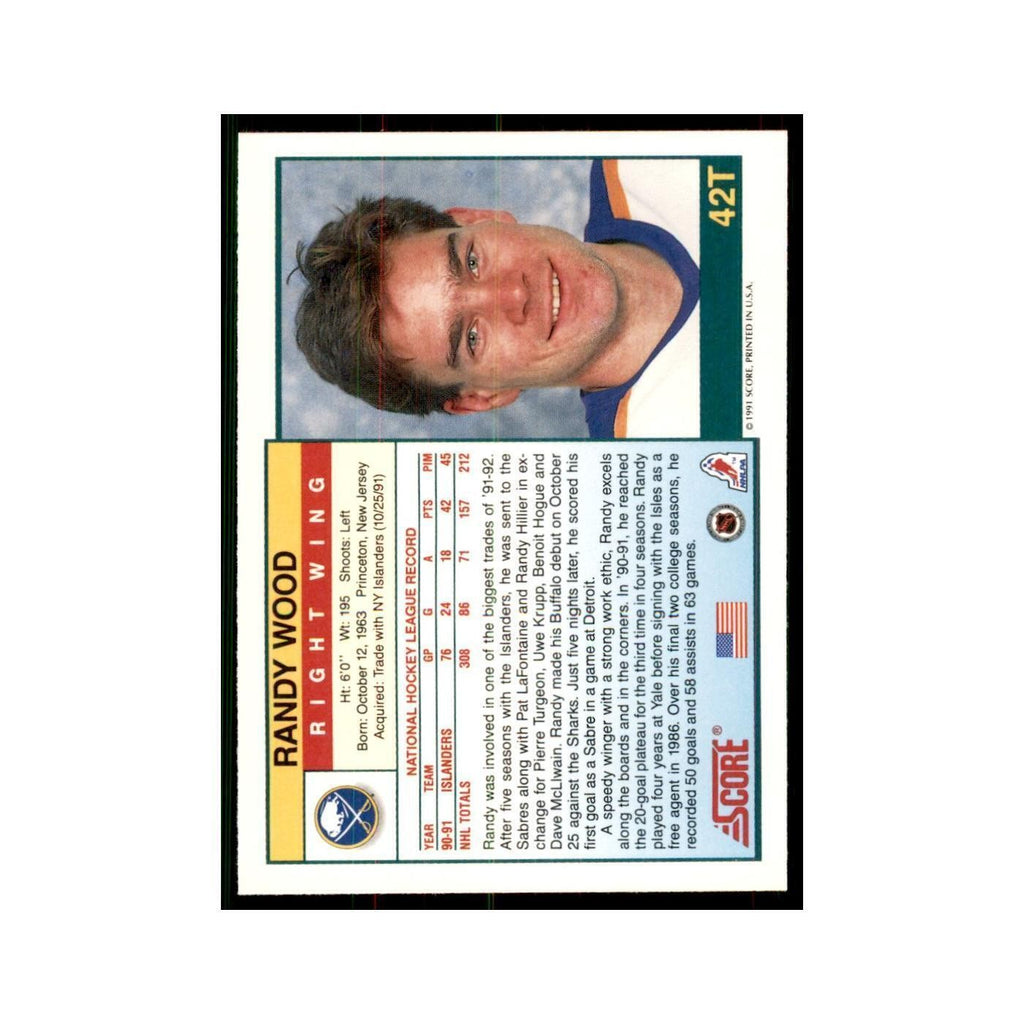 1991 Score Rookie and Traded Randy Wood Buffalo Sabres #42T