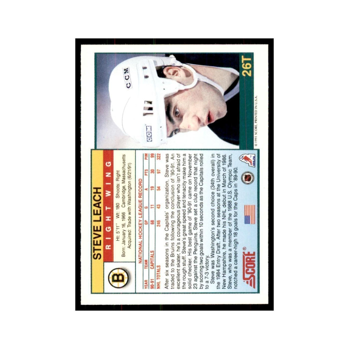 1991 Score Rookie and Traded Steve Leach Boston Bruins #26T
