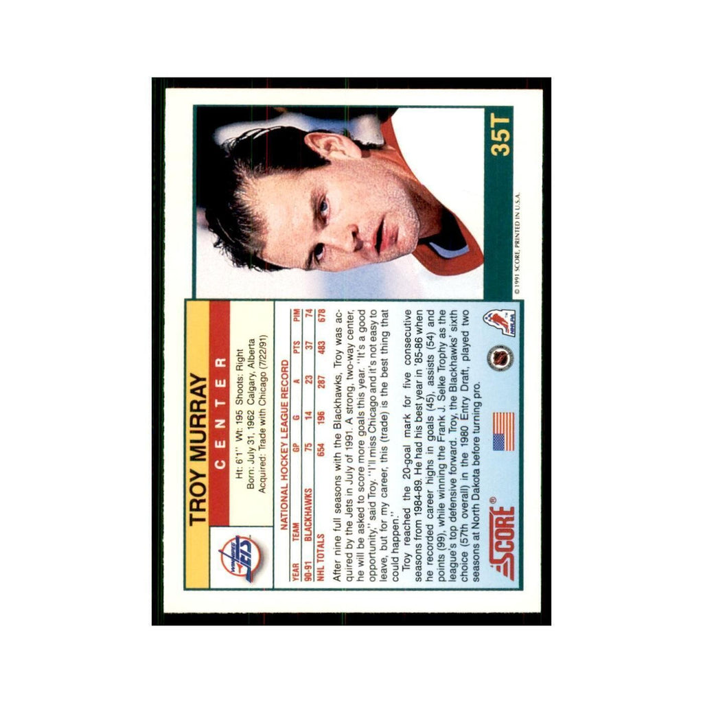 1991 Score Rookie and Traded Troy Murray Winnipeg Jets #35T