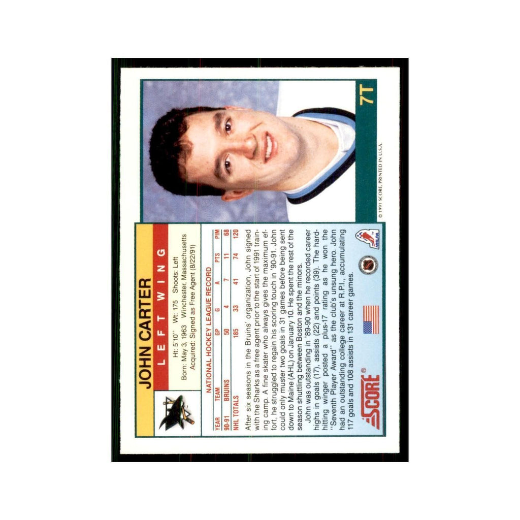 1991 Score Rookie and Traded John Carter San Jose Sharks #7T
