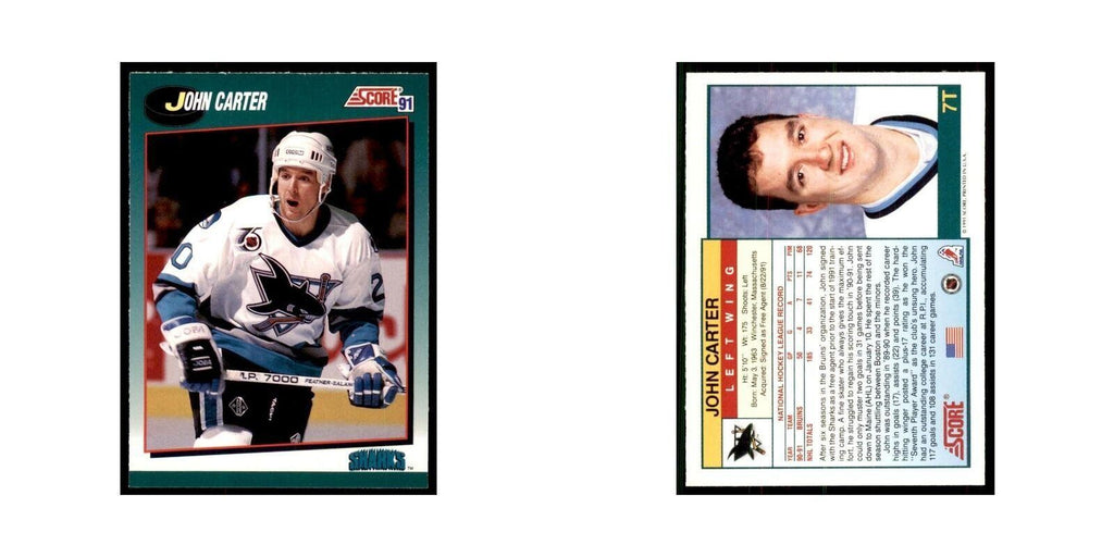 1991 Score Rookie and Traded John Carter San Jose Sharks #7T