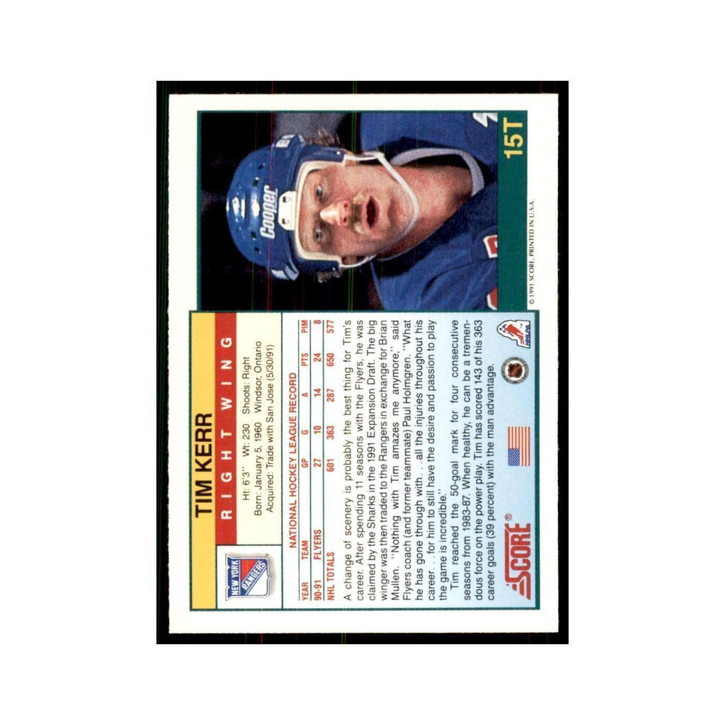 1991 Score Rookie and Traded Tim Kerr New York Rangers #15T