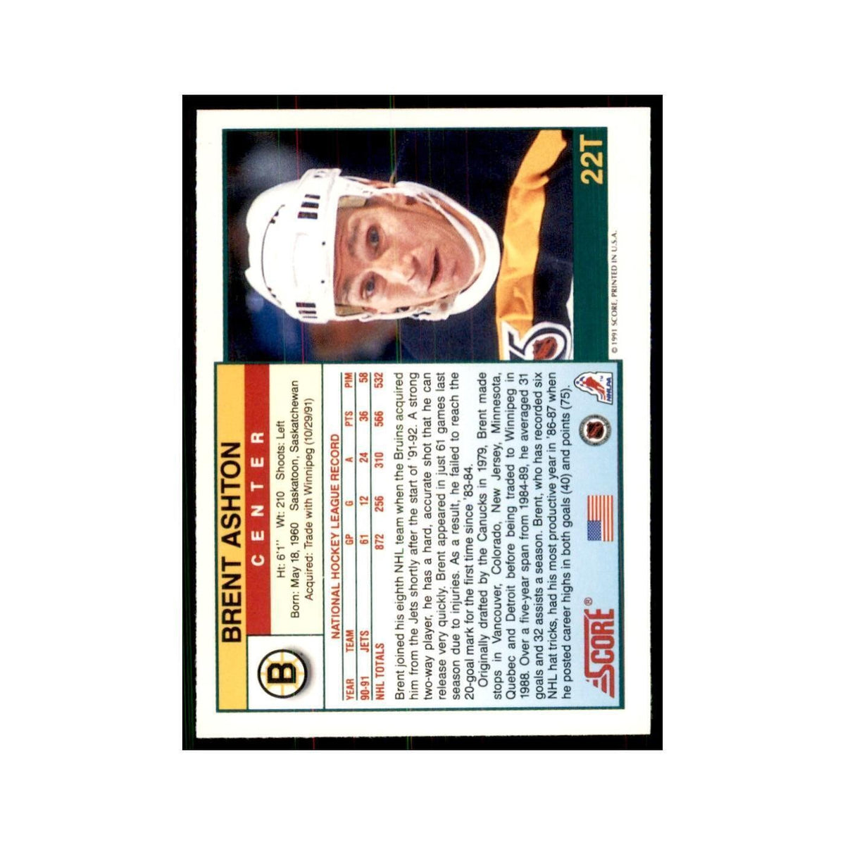 1991 Score Rookie and Traded Brent Ashton Boston Bruins #22T