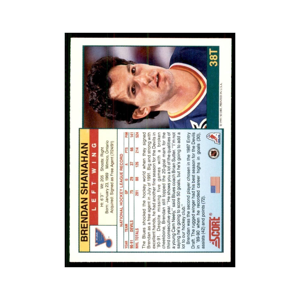 1991 Score Rookie and Traded Brendan Shanahan St. Louis Blues #38T
