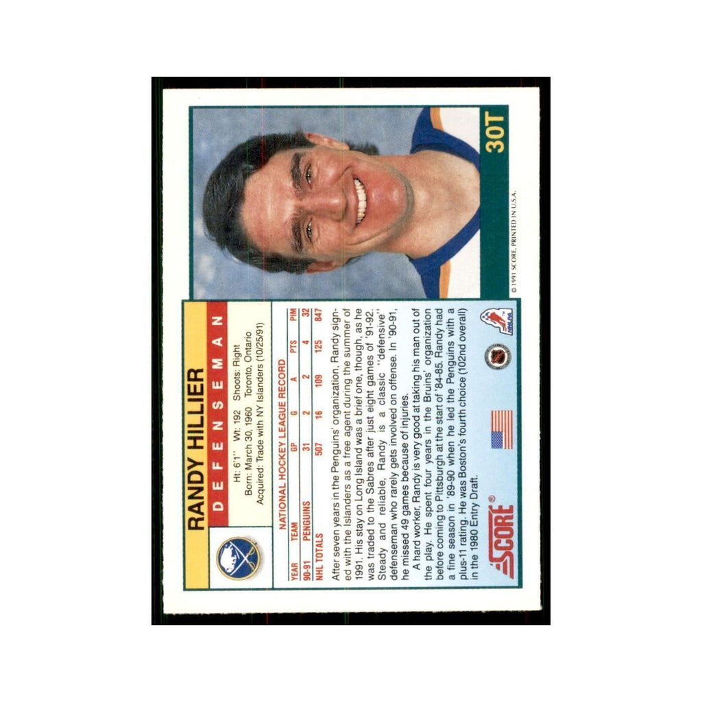 1991 Score Rookie and Traded Randy Hillier Buffalo Sabres #30T