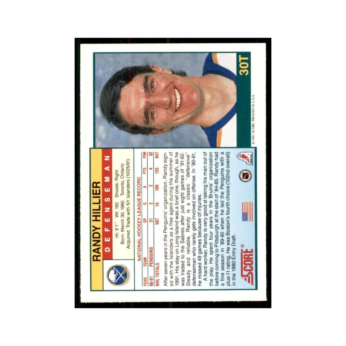 1991 Score Rookie and Traded Randy Hillier Buffalo Sabres #30T