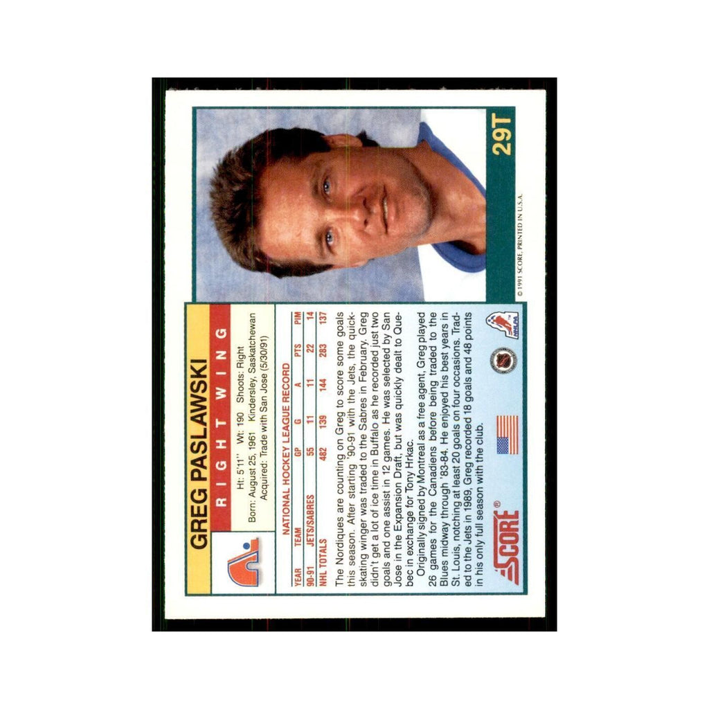1991 Score Rookie and Traded Greg Paslawski Quebec Nordiques #29T