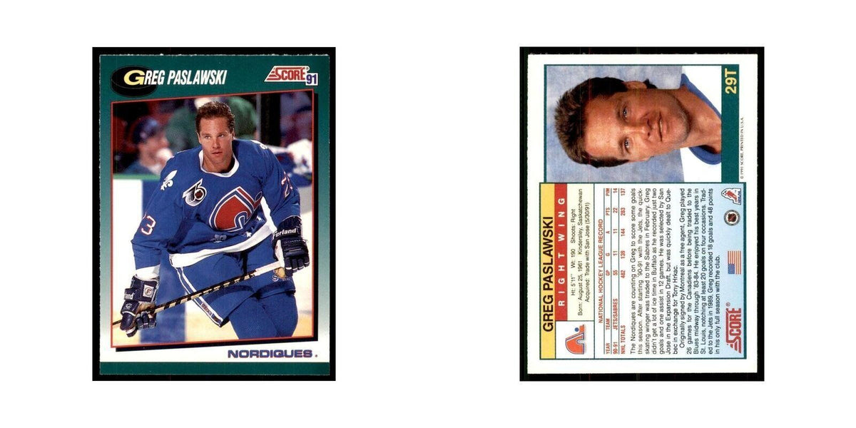 1991 Score Rookie and Traded Greg Paslawski Quebec Nordiques #29T
