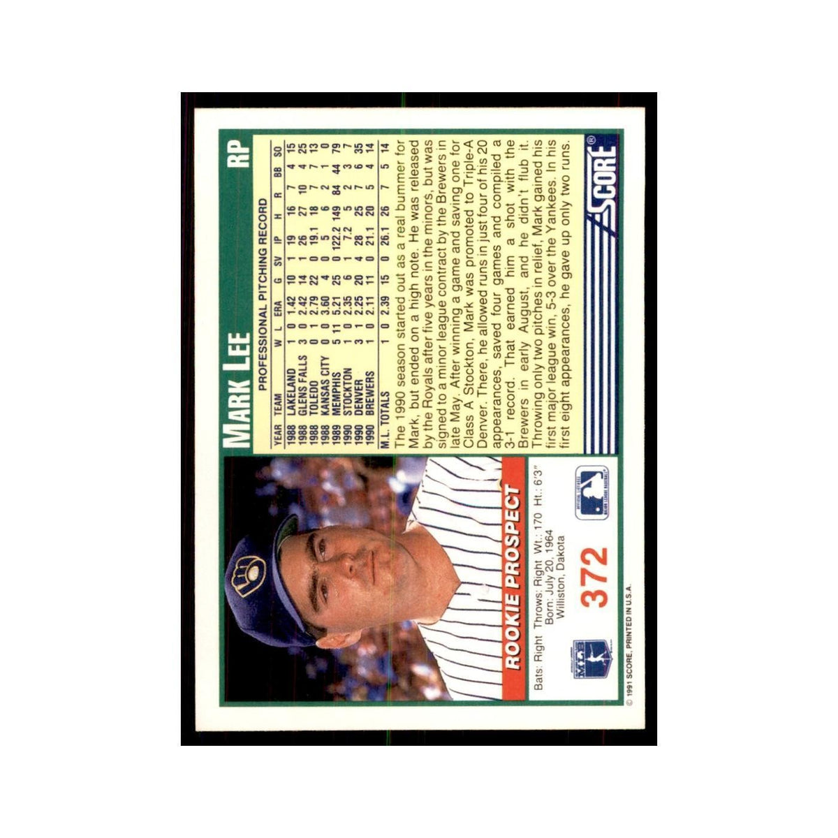 1991 Score Mark Lee Baseball Cards #372