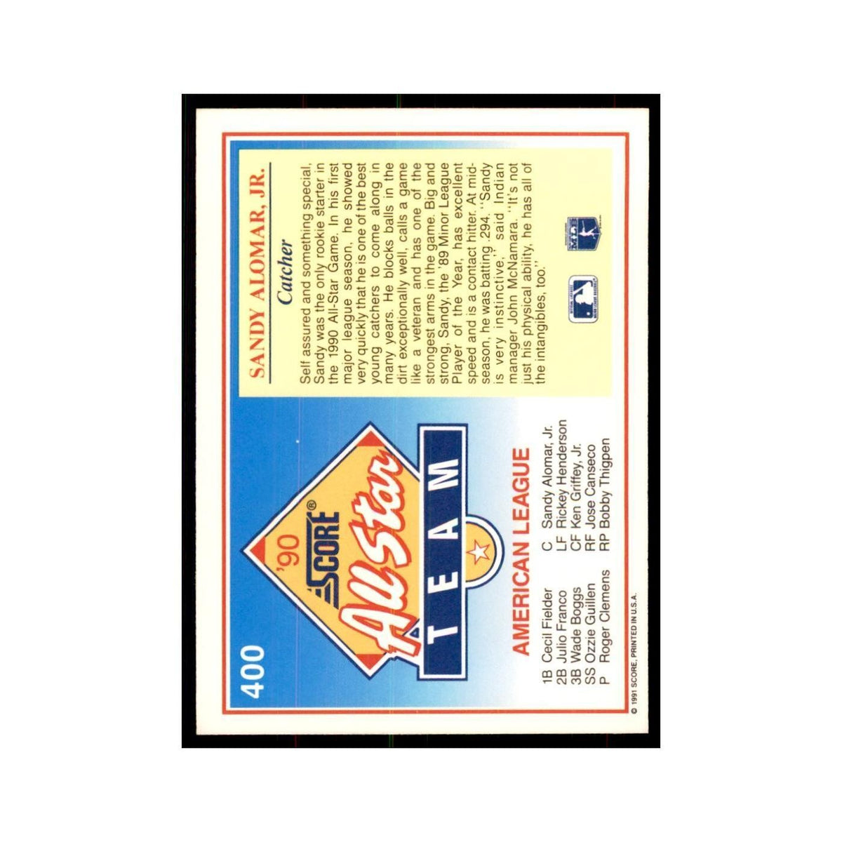 1991 Score Sandy Alomar Jr. Baseball Cards #400