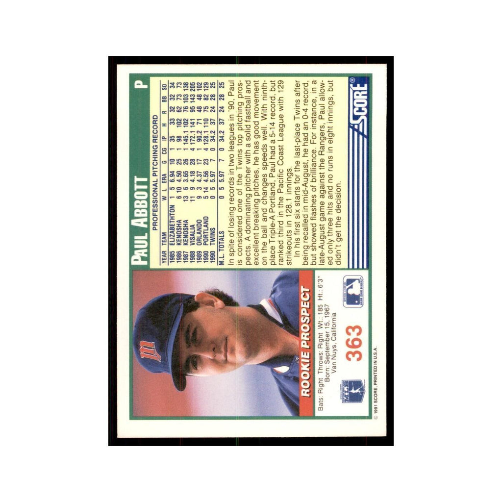 1991 Score Paul Abbott Baseball Cards #363