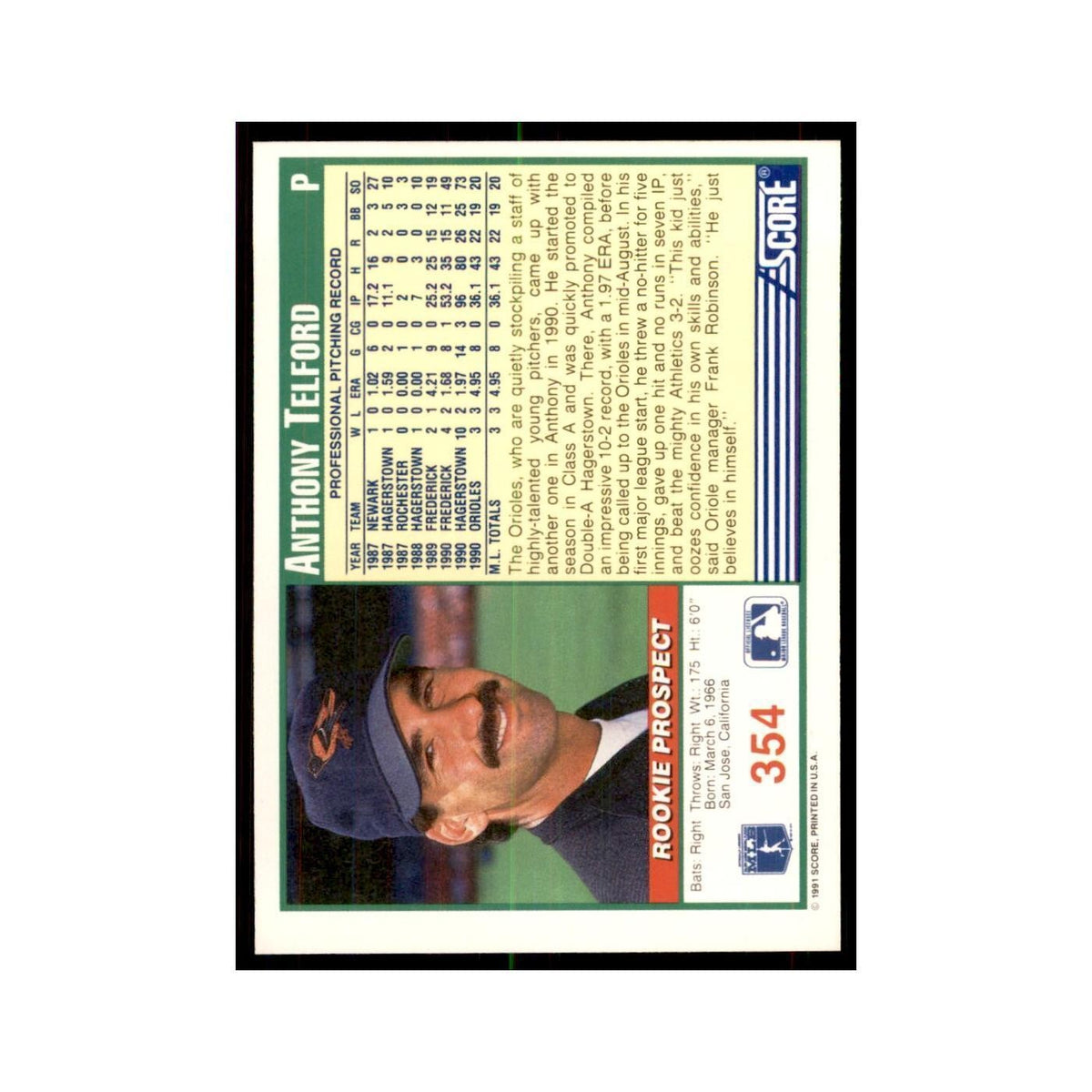 1991 Score Anthony Telford Baseball Cards #354