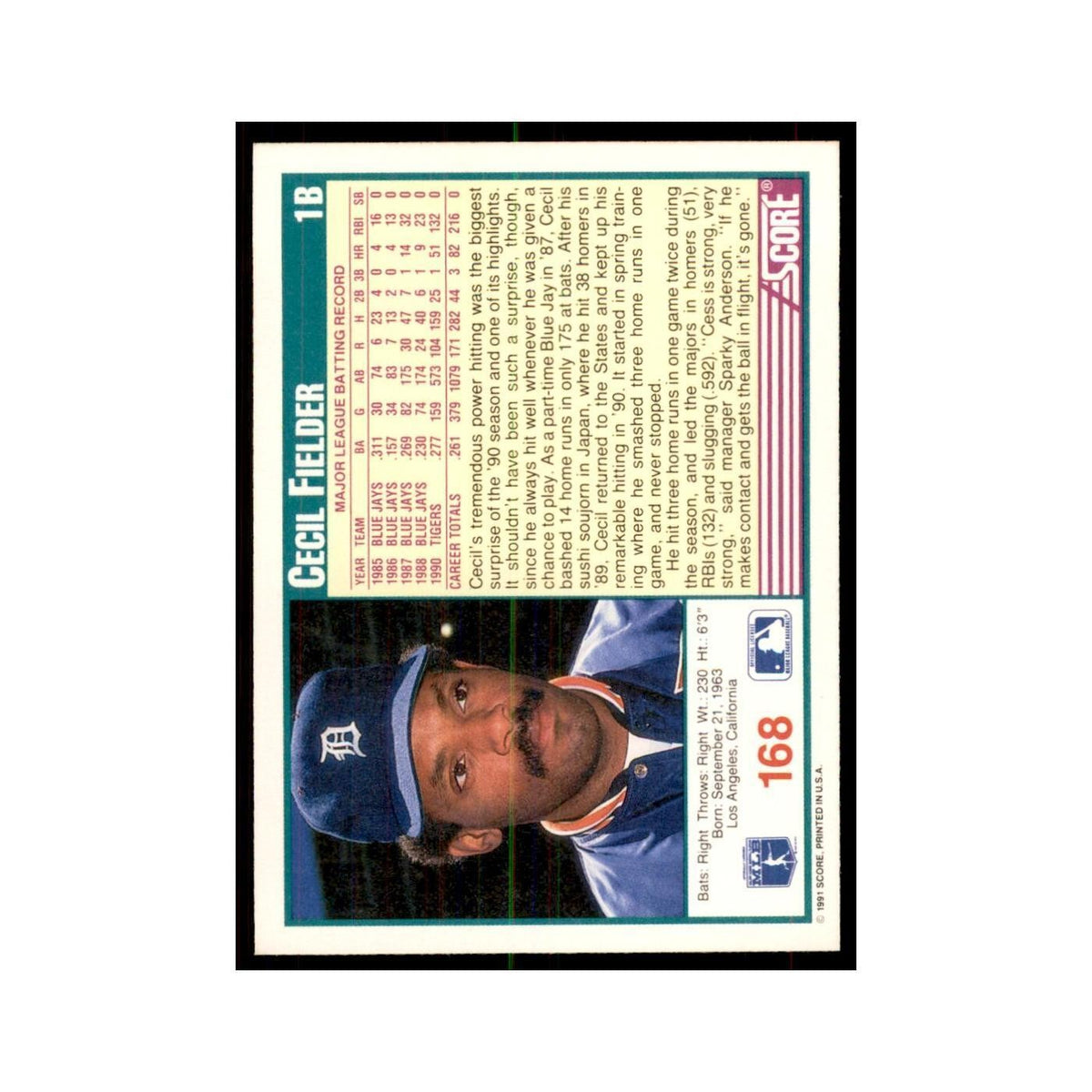 1991 Score Cecil Fielder Baseball Cards #168