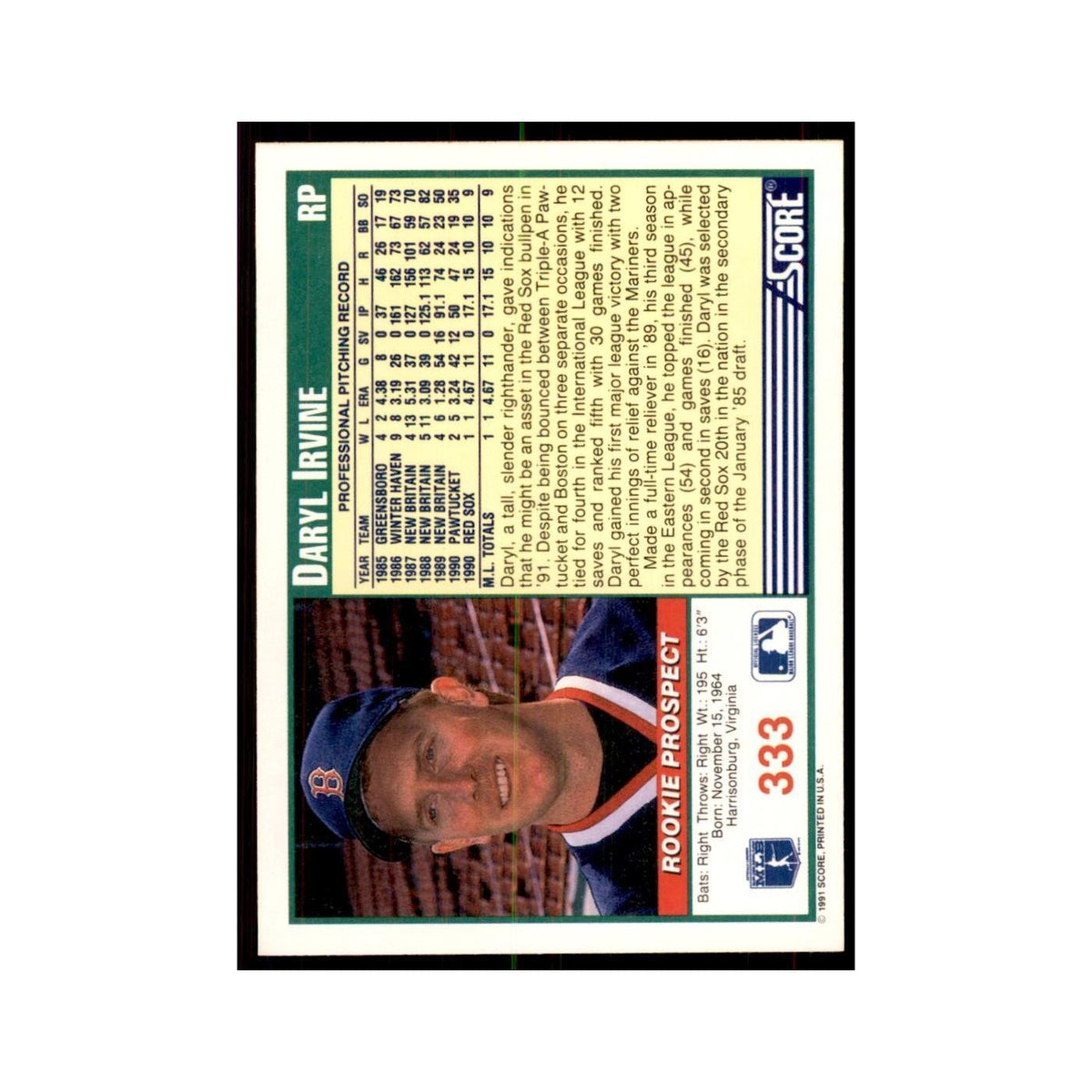 1991 Score Daryl Irvine Baseball Cards #333