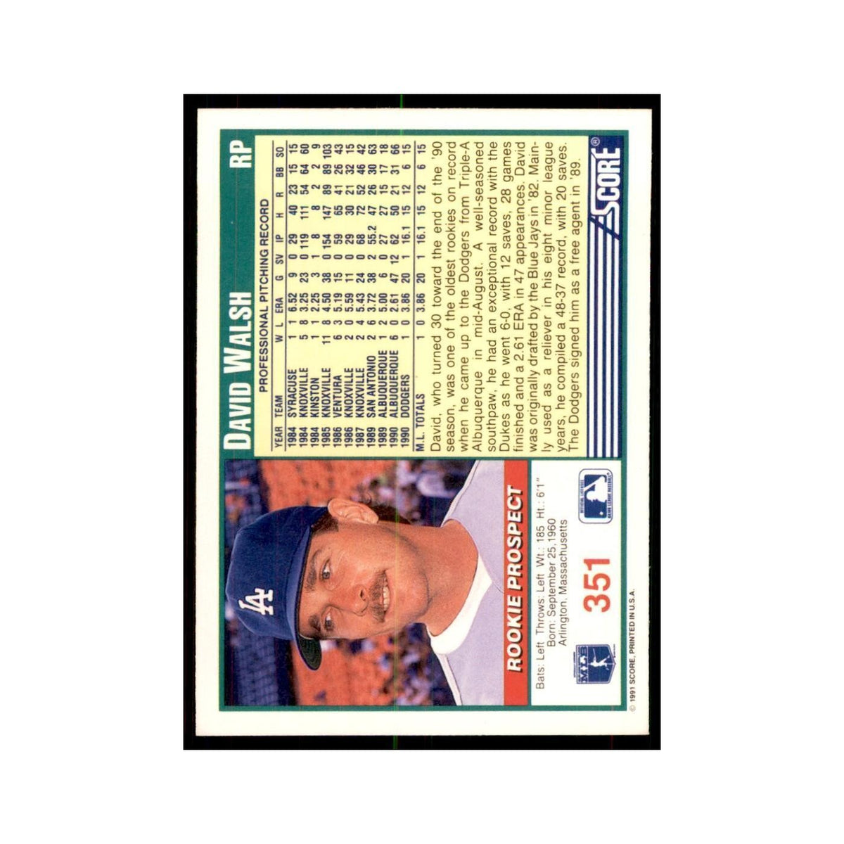 1991 Score Dave Walsh Baseball Cards #351