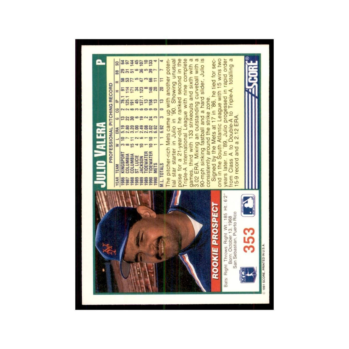 1991 Score Julio Valera Baseball Cards #353