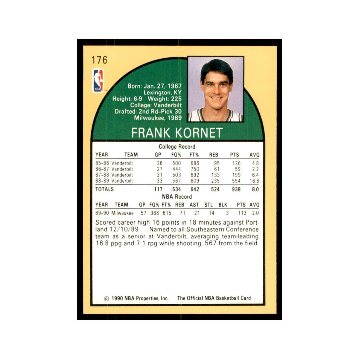 1990 NBA Hoops Frank Kornet RC Basketball Cards #176