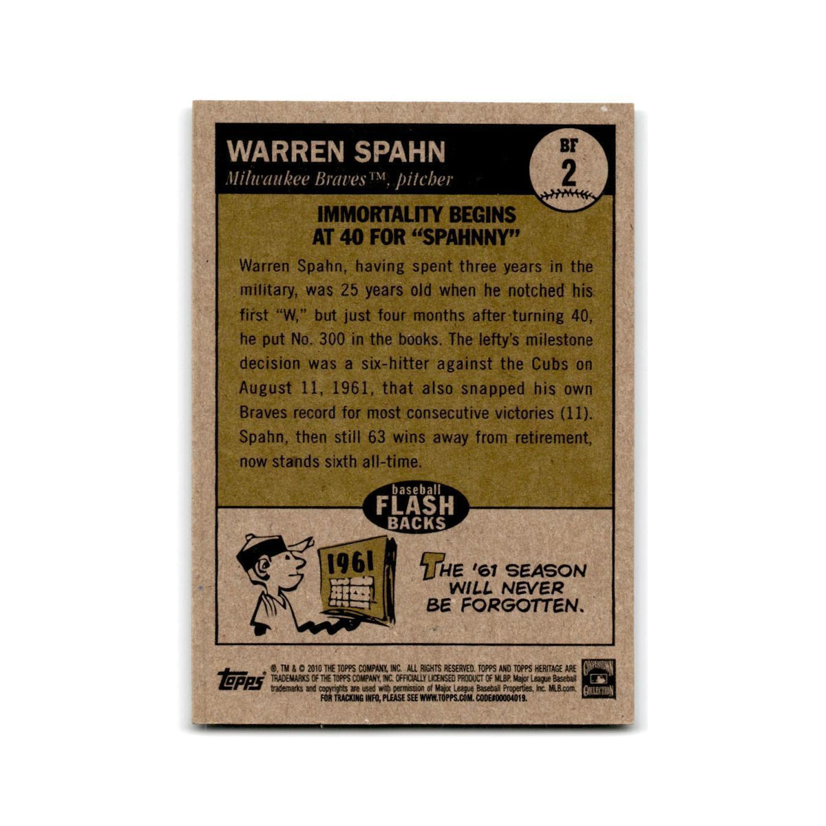 2010 Topps Heritage Warren Spahn Milwaukee Braves #BF2