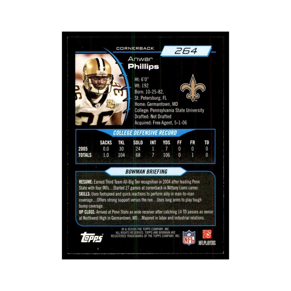 2006 Bowman Anwar Phillips Football Cards #264