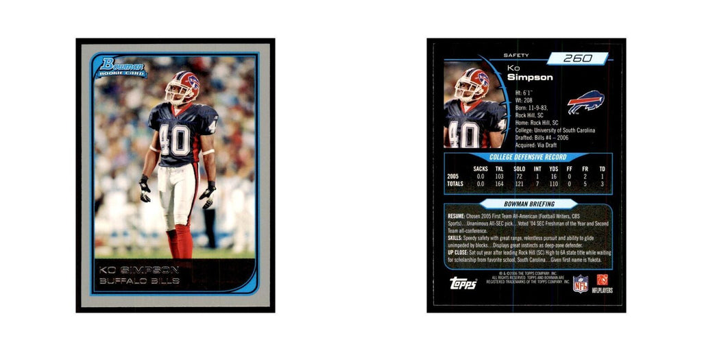 2006 Bowman Ko Simpson Football Cards #260